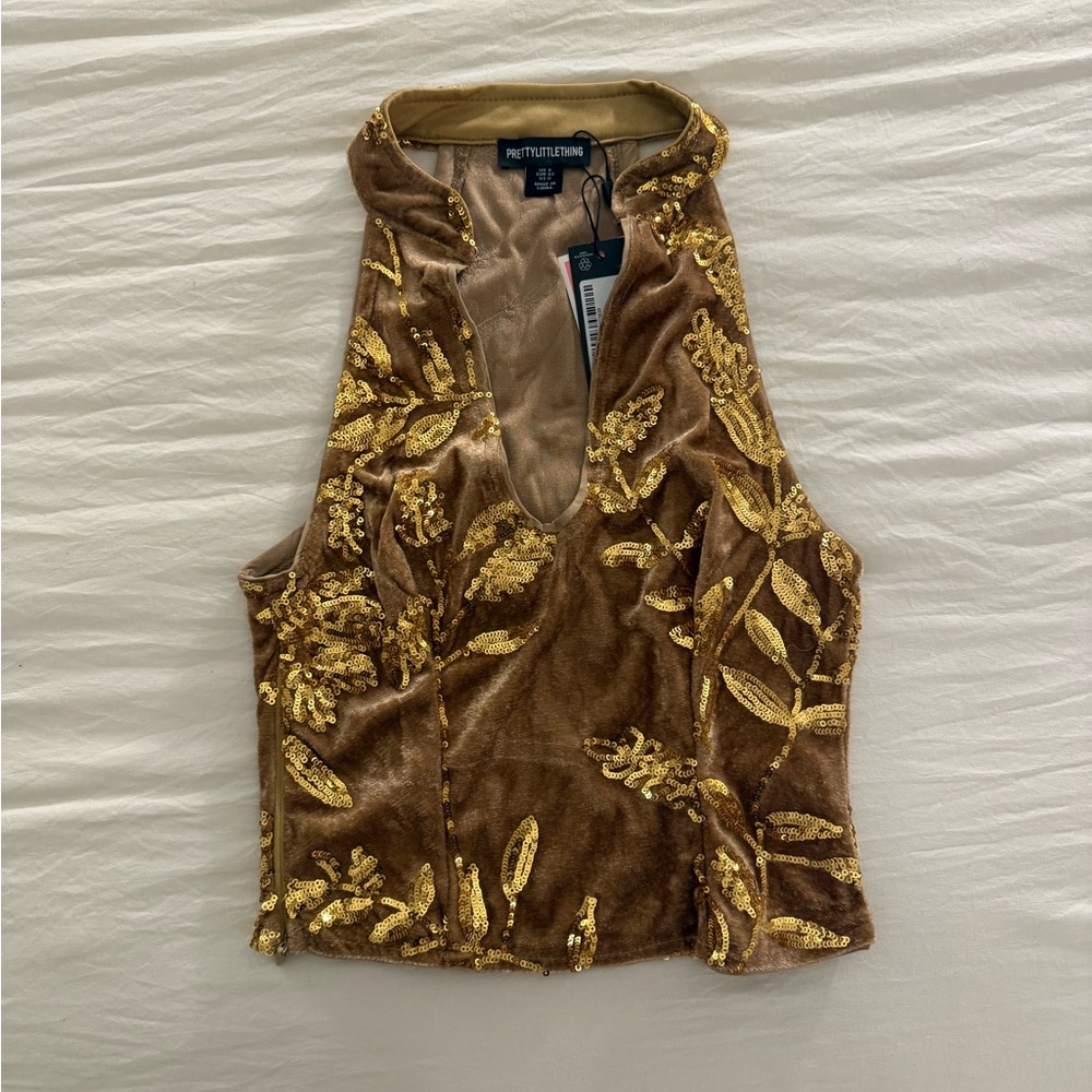 PrettyLittleThing Brown and Gold Embroidered Crop Top